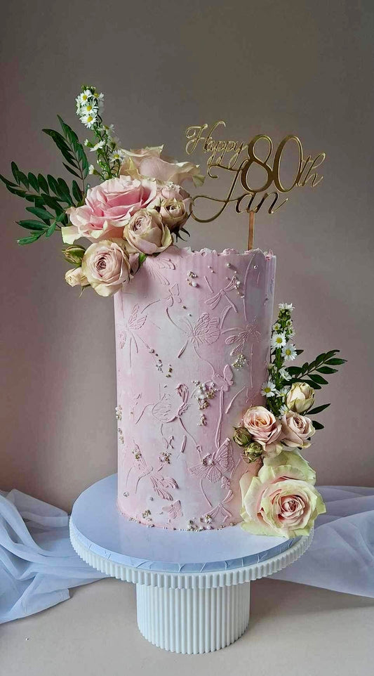 Butterfly stencilled & fresh flower cake