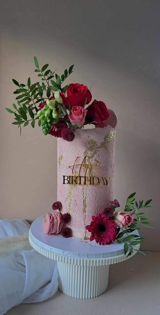 Small Happy Birthday stencilled fresh flower & macaron cake